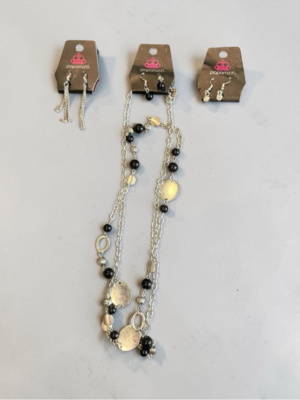 Paparazzi Silver & Black Multi-Strand Necklace with Matching Earrings Set